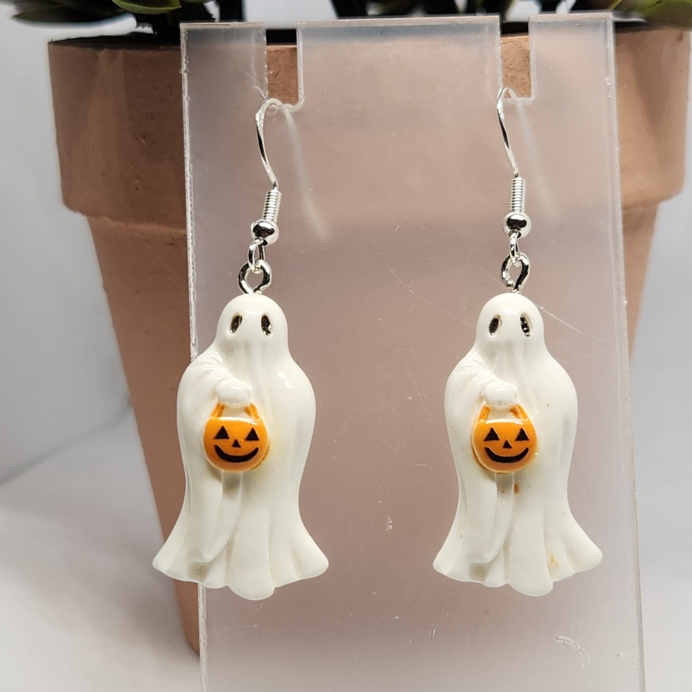 Halloween Ghost‎ Trick or Treat Pumpkin Bucket Dangle Earrings White Spooky